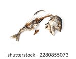 Small photo of The food waste. Remains of fried fish. Fishbone and leftover meat of mackerel after eat isolated on white background.