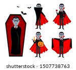 Happy Halloween. Handsome vampire cartoon character in cape, set of five poses. Vector illustration on white background