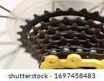 Bicycle gears and rear derailleur.The bike chain is dirty after riding