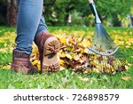 Gardener Woman Raking Up Autumn ...