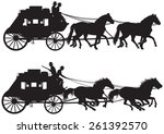 Stagecoach silhouettes, Old Wild West horse-drawn Four-in-hand Post Carriage realistic vector illustration