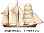 Barquentine, three-masted American merchant cargo vessel, sailing ship realistic vector illustration series 