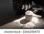 whey protein powder and dumbbell background ,Sports nutrition. Fitness or healthy lifestyle concept.