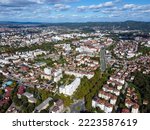 Aerial drone view of Banja Luka, Bosnia and Herzegovina. Buildings, streets, parks and residential houses. City center of Banja Luka, view from above. 