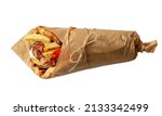 Small photo of Gyro pita Shawarma sandwich isolated on white, Greek meat food wrap with paper, top view. Design element