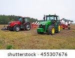 Small photo of Belarus, Bobruisk district, September 9: Two tractors, ploughmen participating in the contest, September 9, 2015 in Bobruisk district, Belarus.