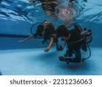 Small photo of diving instructor teaches students to scuba dive in swimming pool. couple getting first experience with scuba diving under the guidance of experienced recreational diving instructor on vacation.