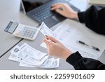 Asian woman entering expenses in accounting software