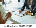 Small photo of Law and legitimacy, portrait of lawyer and client signing important contract documents.