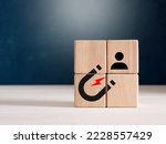 Small photo of Lead generation, customer retention, inbound marketing or brand loyalty concepts. Male hand places wooden cubes with magnet attracting a customer icon.