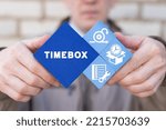 Small photo of Timebox - time interval for precise project management concept. Timeboxing. Work planning method for accurate and fast tasks completion. Time box agile development.