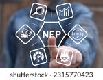 Small photo of Financial analyst using virtual touch screen presses abbreviation: NFP. Concept of NFP Non-Farm Payroll. Nonfarm payrolls.