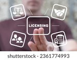 Small photo of Man using virtual touch interface presses word: LICENSING. License agreement business technology concept. Copyright protection law license property rights.