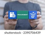Small photo of Procurer holding colorful blocks sees word: PROCUREMENT. Concept of procurement. Product procurement management. Supply Chain Retail. Supplier and delivery goods logistic service.