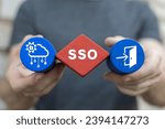Small photo of Man holding colorful blocks sees text: SSO. Single Sign-On ( SSO ) concept. Authentication Technology That Allows Users to Log In with a Single ID to Independent Apps and Devices within Network.