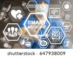 Smart Medicine Concept. Innovative Technologies in healthcare. Health care innovation information technology integration. Doctor touched icon SMART MEDICINE text on virtual screen. Data, IOT, AI.