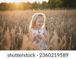 Small photo of Portrait of a blonde little girl in a triticale field