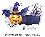 watercolor border  pumpkin in... | Shutterstock . vector #700345189