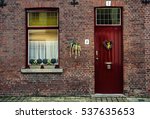 Red Wooden Window With White...