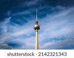 Small photo of BERLIN - JULY, 2017: Fernsehturm (Television Tower) close to Alexanderplatz. The Fernsehturm is the fourth tallest freestanding structure in Europe with its 368 metres.