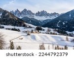 Snowy panorama at Santa Magdalena village in the famous Val di Funes. Trentino Alto Adige, Italy.
