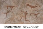 Small photo of Drawing in a cave painted by an ancient man on a wall, a rock. Paints red ocher. Hunting for an animal., Neanderthal, cave man. The Stone Age, the Ice Age. Science, anthropology.