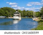 Small photo of Sjotorp, Sweden - May 27, 2023: The start of the 190 km long Gota Kanal in Sjotorp, which connects lakes Vanern and Vattern.