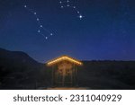 Small photo of A real night scene on a mountain hut with starry sky showing constellation of big dippper and little dipper and the North Star, in May, North sphere (Polaris finding guide)