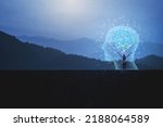 Small photo of Virtual woman with symbolic neurons in her brain. freedom of thought creativity Creativity and innovation evening sky background