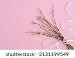 pussy willow bouquet on a pink background, copy space. beautiful fluffy sprigs of willow blooming on a pink table, top view. Easter floral card, spring flowers and plant