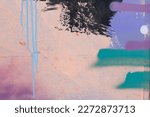 Small photo of Messy paint strokes and smudges on an old painted wall background. Abstract wall surface with part of graffiti. Colorful drips, flows, streaks of paint and paint sprays