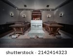 Small photo of Vienna, Austria - Oct 13, 2019: Emperor Franz Joseph I of Austria, Crown Prince Rudolf and Empress Elisabeth (Sisi) sarcophagi at the Imperial Burial Vault, Habsburg Dynasty Crypt - Vienna, Austria