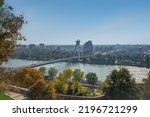 Aerial view of Danube River with SNP Bridge and UFO Tower - Bratislava, Slovakia