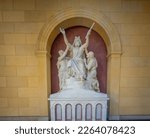 Small photo of Potsdam, Germany - Sep 13, 2019: Moses in prayer supported by the high priests Aaron and Hur Sculpture at Church of Peace (Friedenskirche) - Potsdam, Brandenburg, Germany