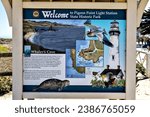 Small photo of Pigeon Point,California,USA - August 13, 2023: Welcoming sign to visitors of lighthouse and whaler's Cove, Pescadero.