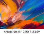 Small photo of Abstract colorful oil painting on canvas. Oil paint texture with brush and palette knife strokes. Modern art, cover design concept