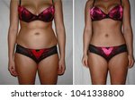 Small photo of Authentic real amateurish before and after weight loss photo of female body.