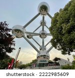 Small photo of Bruges, Belgium - Aug 16 2022 : The Atomium of Brussels, a giant stainless steel atom, particles connected by escalators, with exhibitions and views from 92m above.
