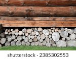 Log Cabin Or Barn Unpainted Debarked Wall Textured Horizontal Background close up