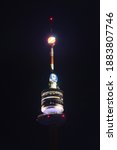 Small photo of Vienna, Austria - August 30, 2020: Top of Donauturm (English: Danube Tower), tallest structure in Austria at 252 metres (827 ft) at night.
