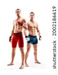 Small photo of Two MMA fighters. Muscular athletes. MMA fighters isolated on white background. Sport