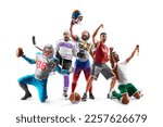 Small photo of Sport winners. Sport collage of professional athletes. Football, hockey, basketball, soccer. Sport emotion