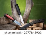 Small photo of A set of various knives. Hunting and pocket knife. Several knives on the stump. Arrangement of knives on a tree.