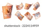 Small photo of Flying 5000 tenge on white background. Kazakhstan money. Front side and wrong side