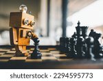 Humanoid wood robot with chessboard, artificial intelligence technology concept.
