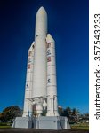 Small photo of KOUROU, FRENCH GUIANA - AUGUST 4, 2015: Model of Ariane 5 space rocket at Centre Spatial Guyanais (Guiana Space Center) in Kourou, French Guiana