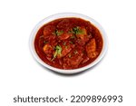 Small photo of Spicy red mushi, mori or shark curry. Goan style mushi, mori or shark vindaloo. Butter mushi, mori or shark Makhani curry roast hot and spicy gravy dish Dhaba Punjab, India.