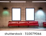 Two White Isolated Advertisement Billboard Posters on Train Subway Station Tile Texture Interior Flourescent Lights