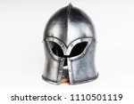 Medieval helmet for knight. Iron a handsome, on head.