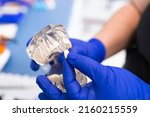 Small photo of Dentist holding an artificial lower jaw. Dental Prosthesis. tooth plate. Prosthetics work